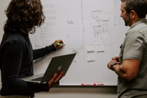 Photo of people at a white board discussing business ideas